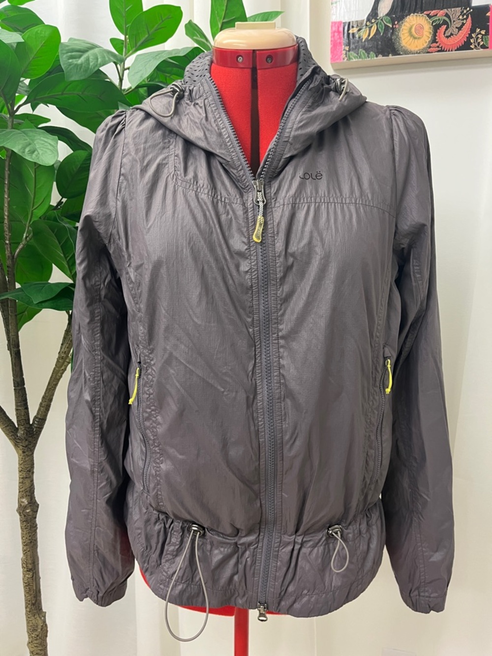 Lole Women's Gray Hooded Packable Utility Jacket with Yellow Accents